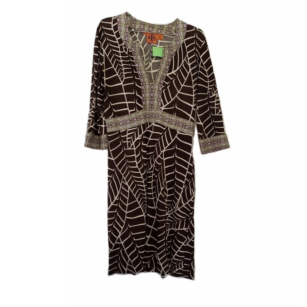 TORY BURCH Brown Abstract Banana Leaf Print V Quarter Empire Silk Sheath Dress M